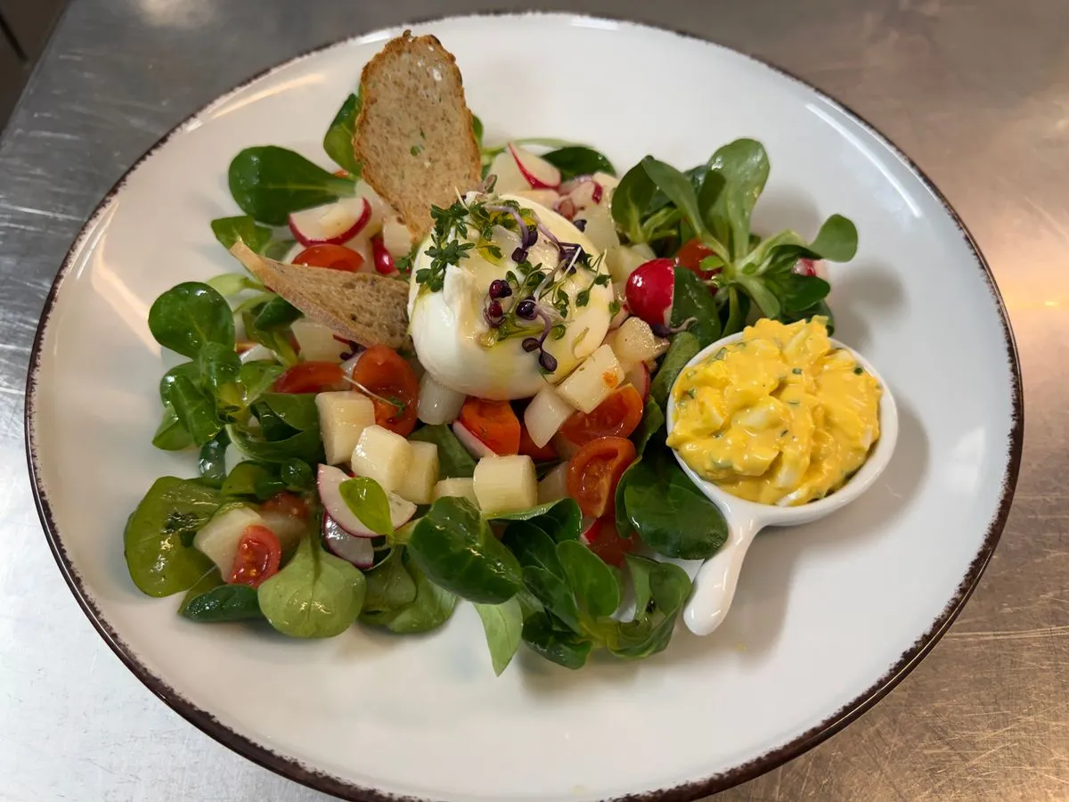 Burrata-Salat mit Feldsalat und Gemüse