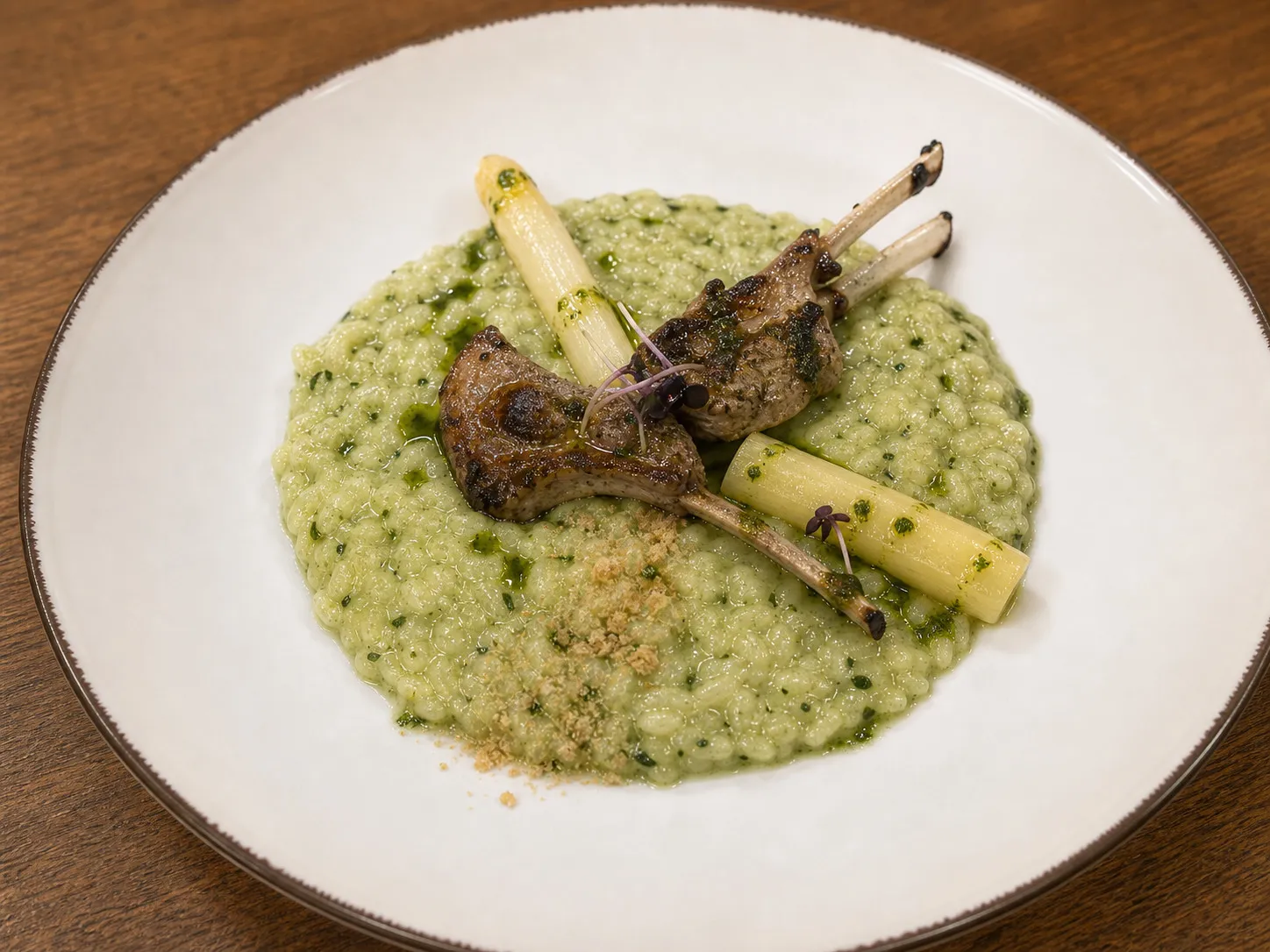 Costolette di agnello su risotto verde con asparagi bianchi