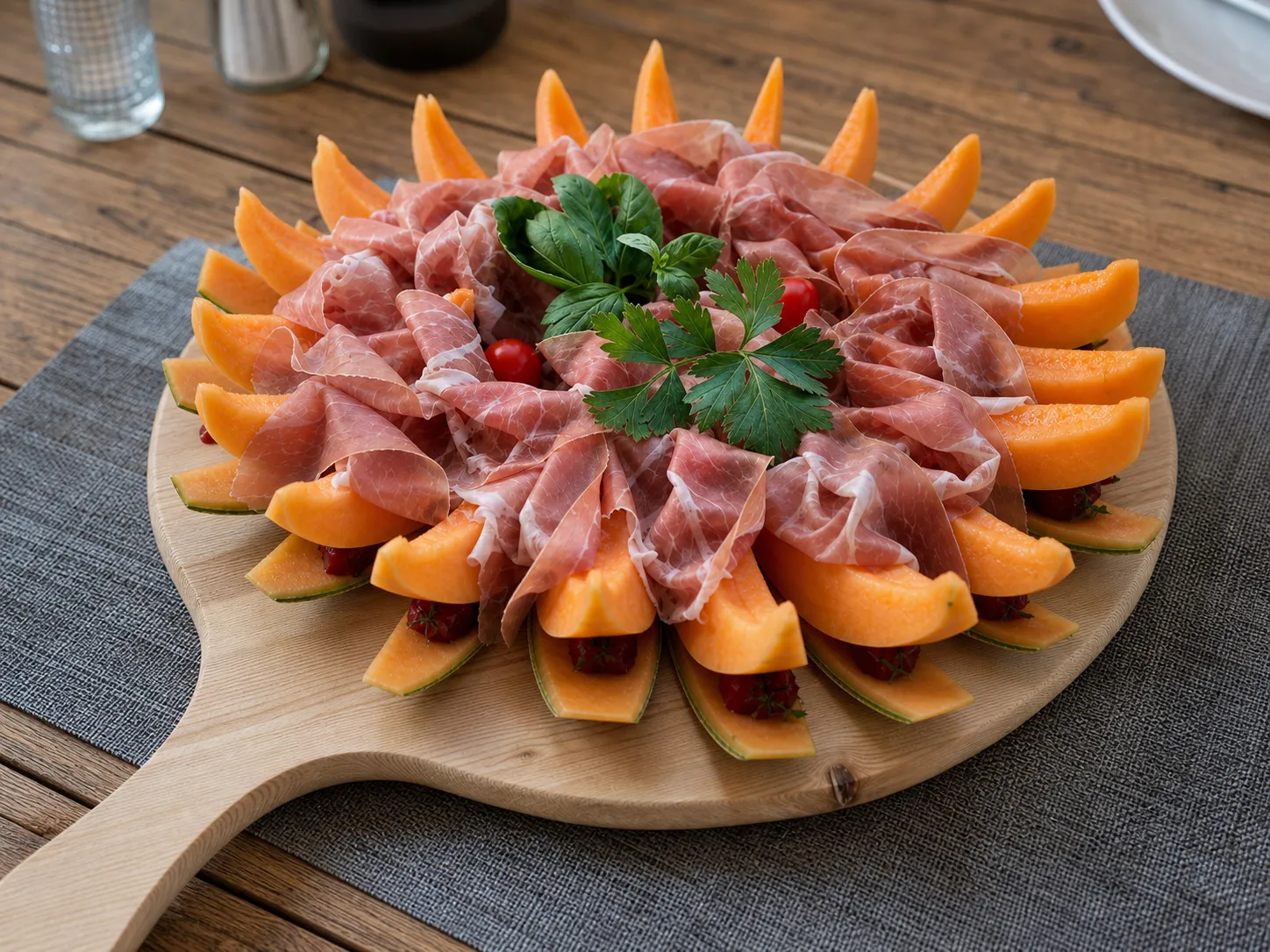 Prosciutto con melone su tagliere